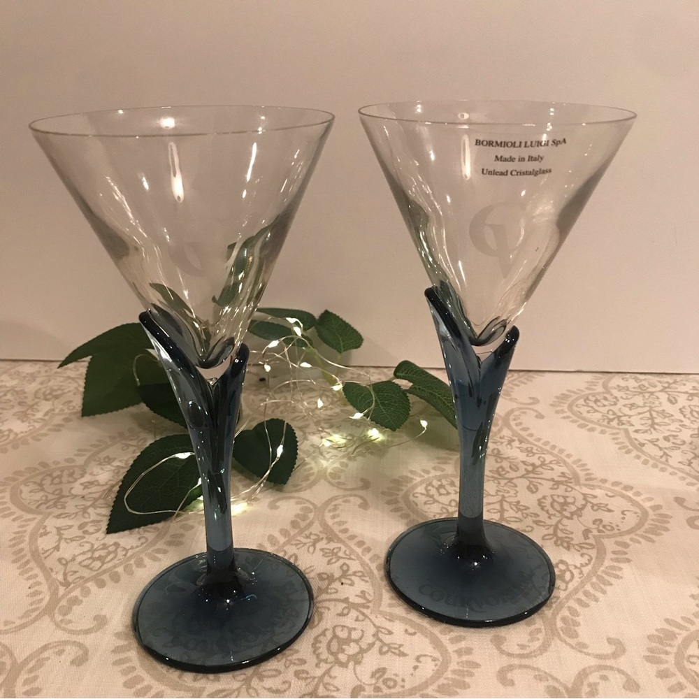 Vintage Courvoisier 2 Clear Glass Tulip Blue Stem Martini/Wine Cocktail Glasses